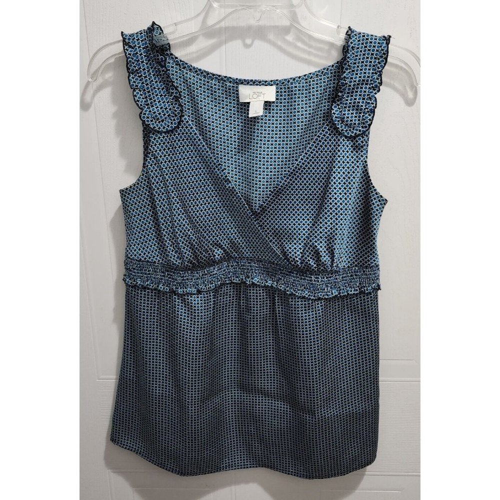 Ann Taylor Loft Women's Sleeveless Blouse Tank Top Satin Blue Polka Dot Size 2